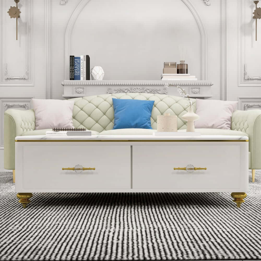 Modern Marble Coffee Table With Gold Base And Drawers