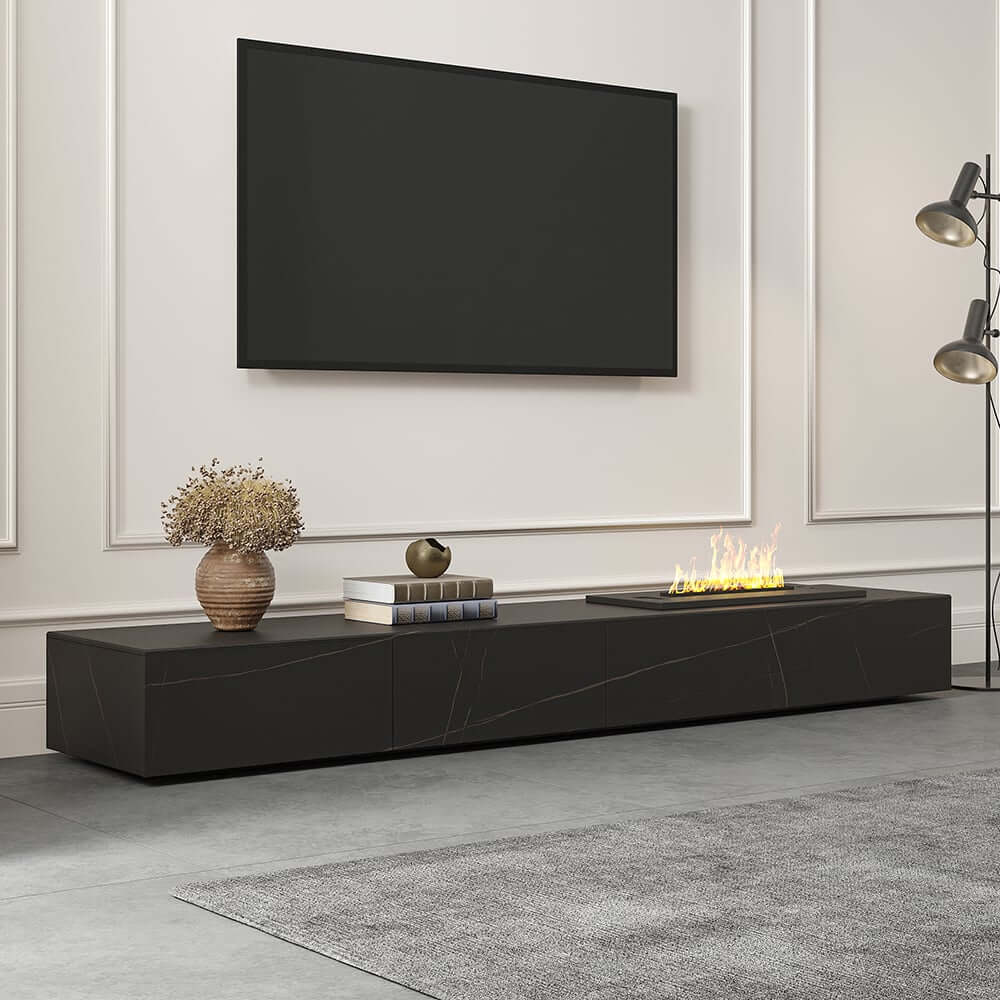 Modern Matte Black TV Stand With Electric Fireplace