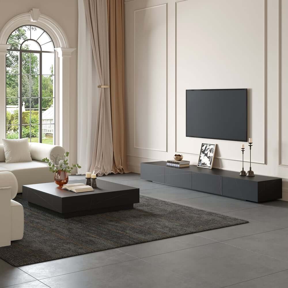 Modern Matte Black TV Stand With Electric Fireplace