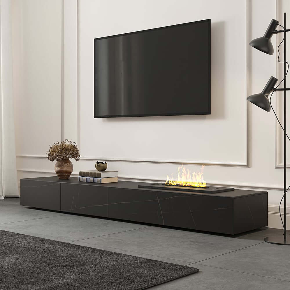 Modern Matte Black TV Stand With Electric Fireplace