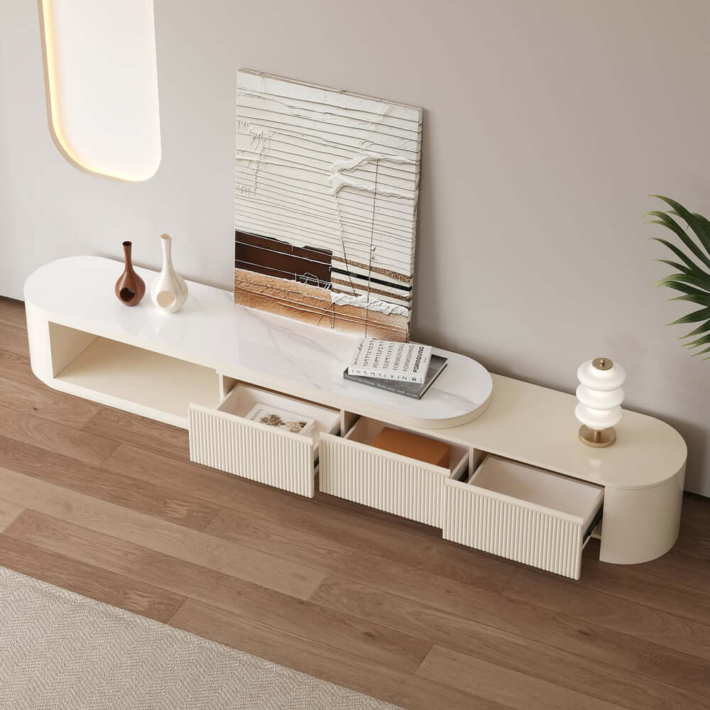 Modern Matte Ivory TV Stand With Sintered Stone Top