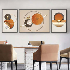 Modern MDF Wall Clock with Orange Finish and 2 Canvas Art Panels