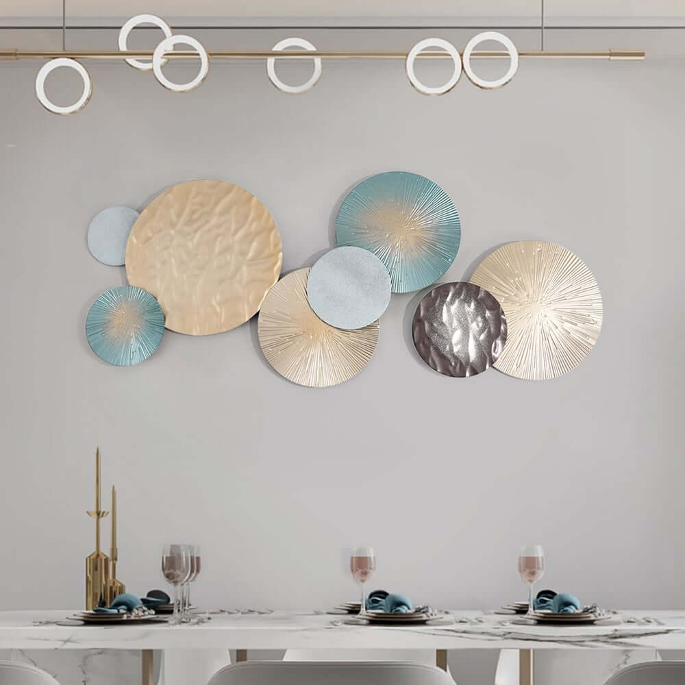 Modern Metal Wall Art – Blue and Multi-Tone Round Geometric Design