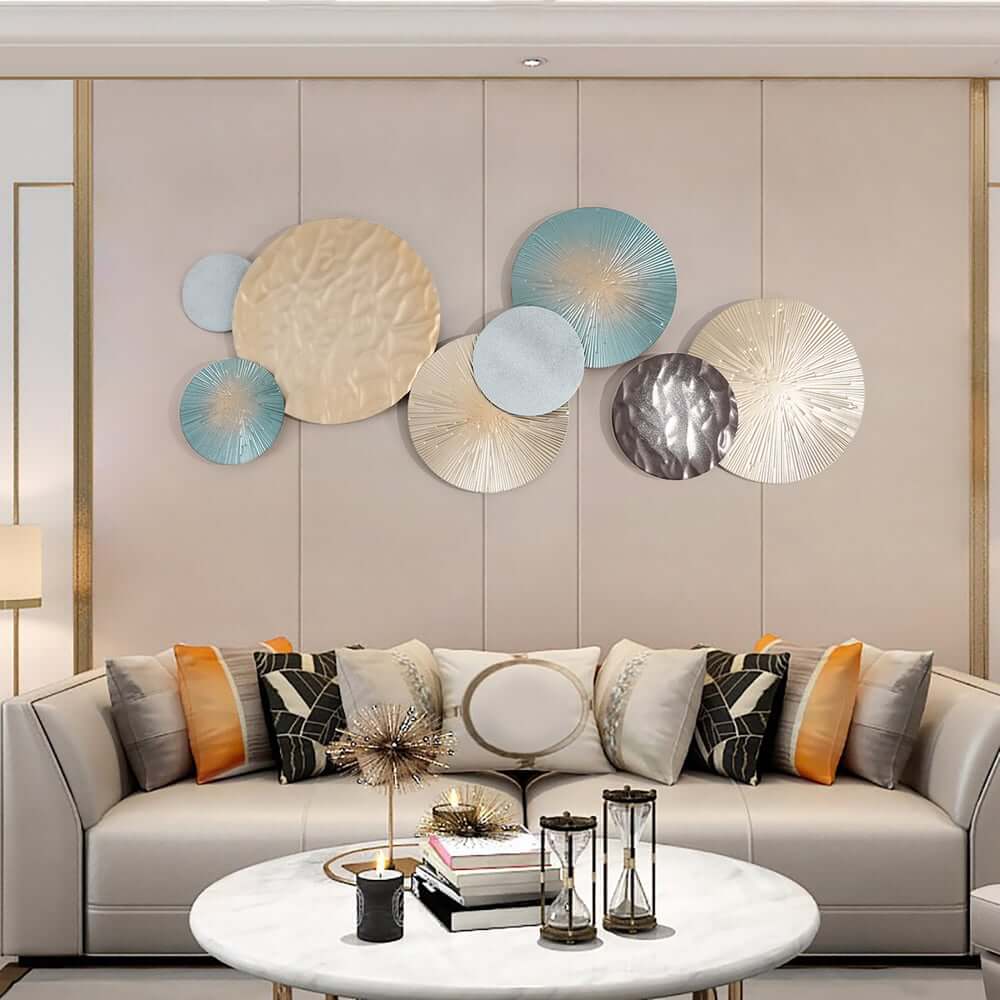 Modern Metal Wall Art – Blue and Multi-Tone Round Geometric Design Main Product Image