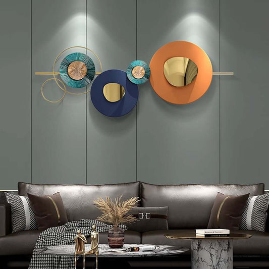 Modern Metal Wall Art with Abstract Circular Design in Orange Gold Blue