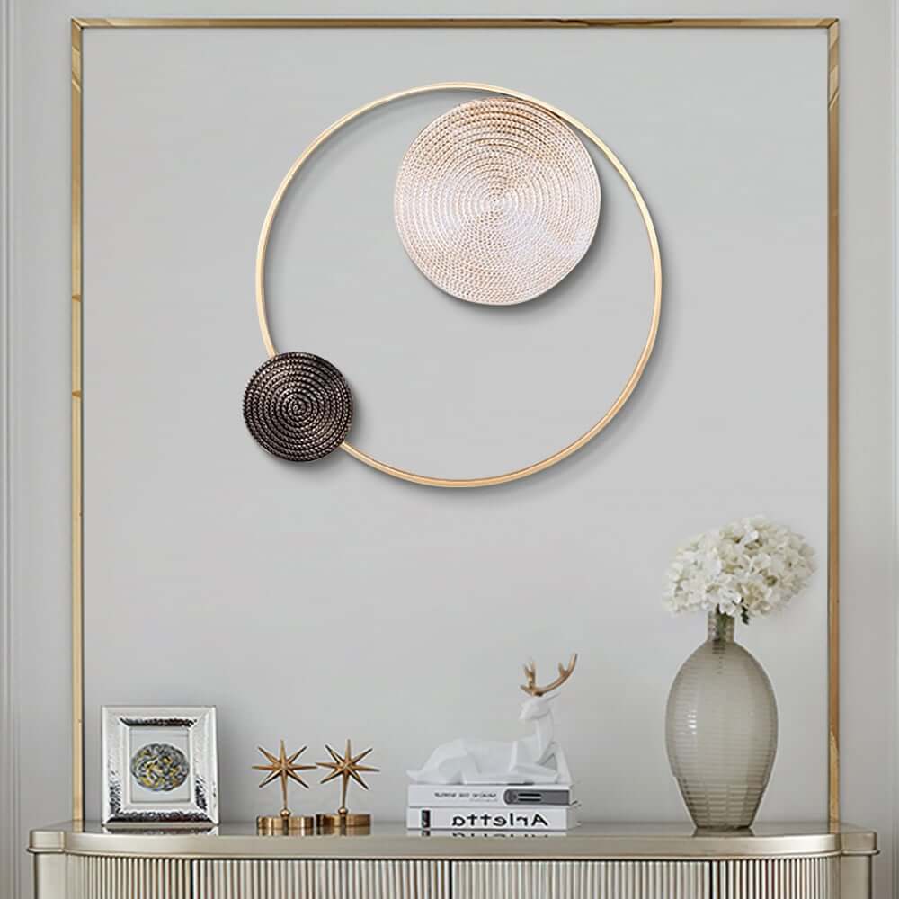 Modern Metal Wall Art with Abstract Round Design in White Brown Gold