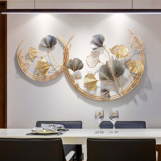 Modern Metal Wall Art with Gold and Gray Ginkgo Leaf Design