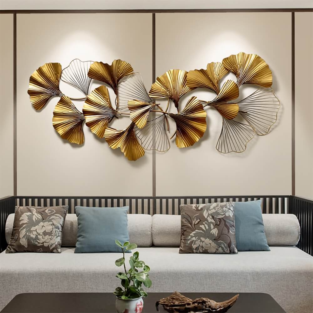 Modern Metal Wall Art with Gold Ginkgo Leaf Design