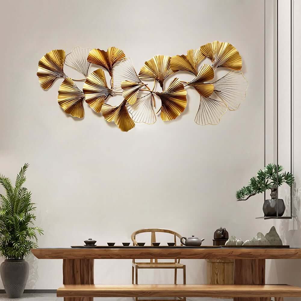 Modern Metal Wall Art with Gold Ginkgo Leaf Design