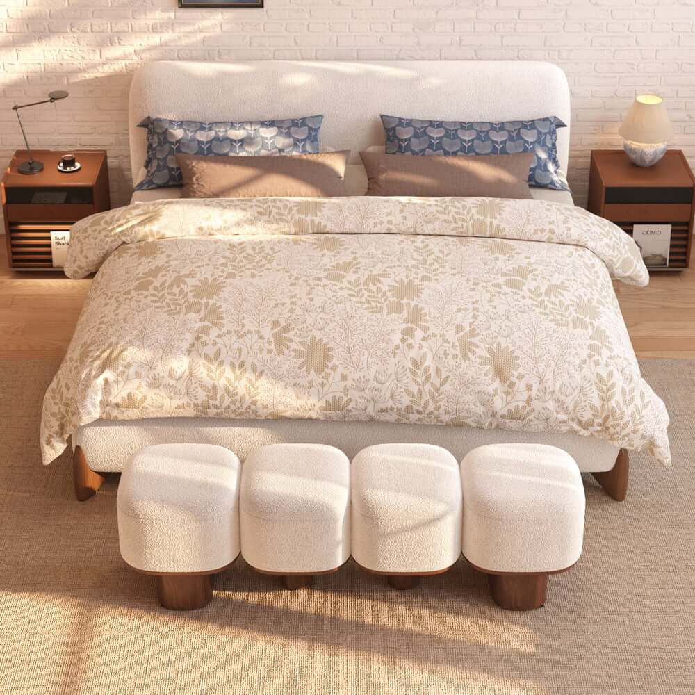 Modern Modular Boucle Bedroom Bench with Walnut Legs