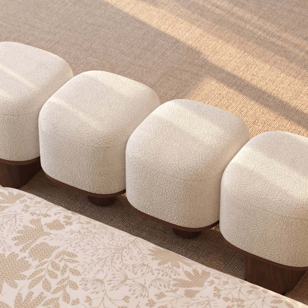 Modern Modular Boucle Bedroom Bench with Walnut Legs