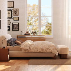 Modern Modular Boucle Bedroom Bench with Walnut Legs