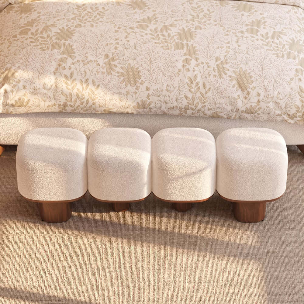 Modern Modular Boucle Bedroom Bench with Walnut Legs
