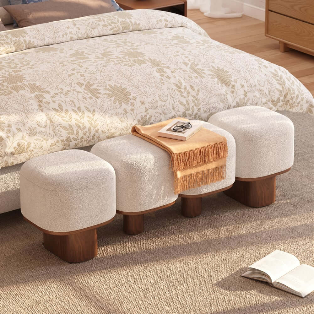 Modern Modular Boucle Bedroom Bench with Walnut Legs Main Product Image
