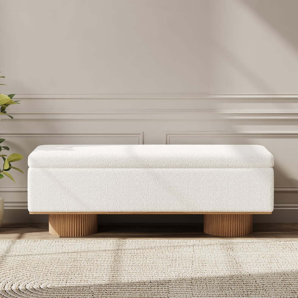 Modern Natural Boucle Storage Bench for Entryway or Living Room