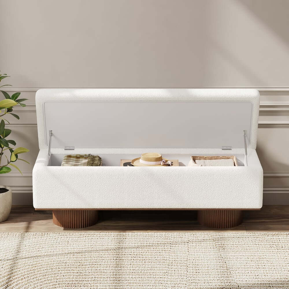 Modern Natural Boucle Storage Bench for Entryway or Living Room