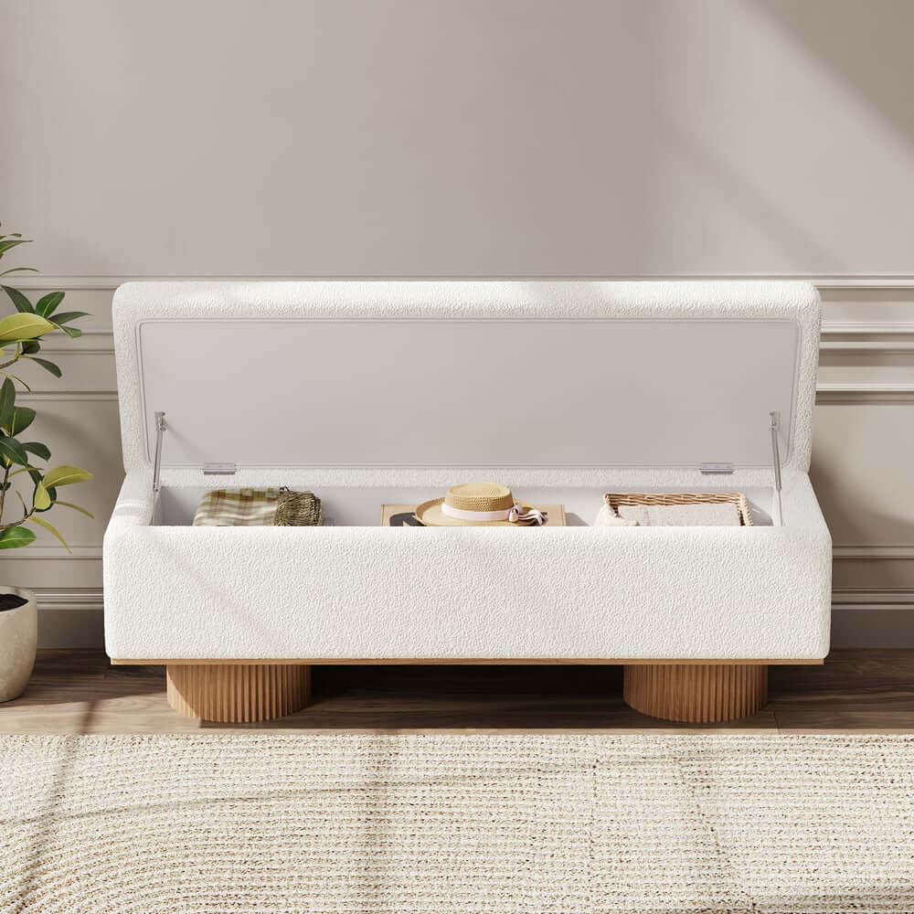 Modern Natural Boucle Storage Bench for Entryway or Living Room