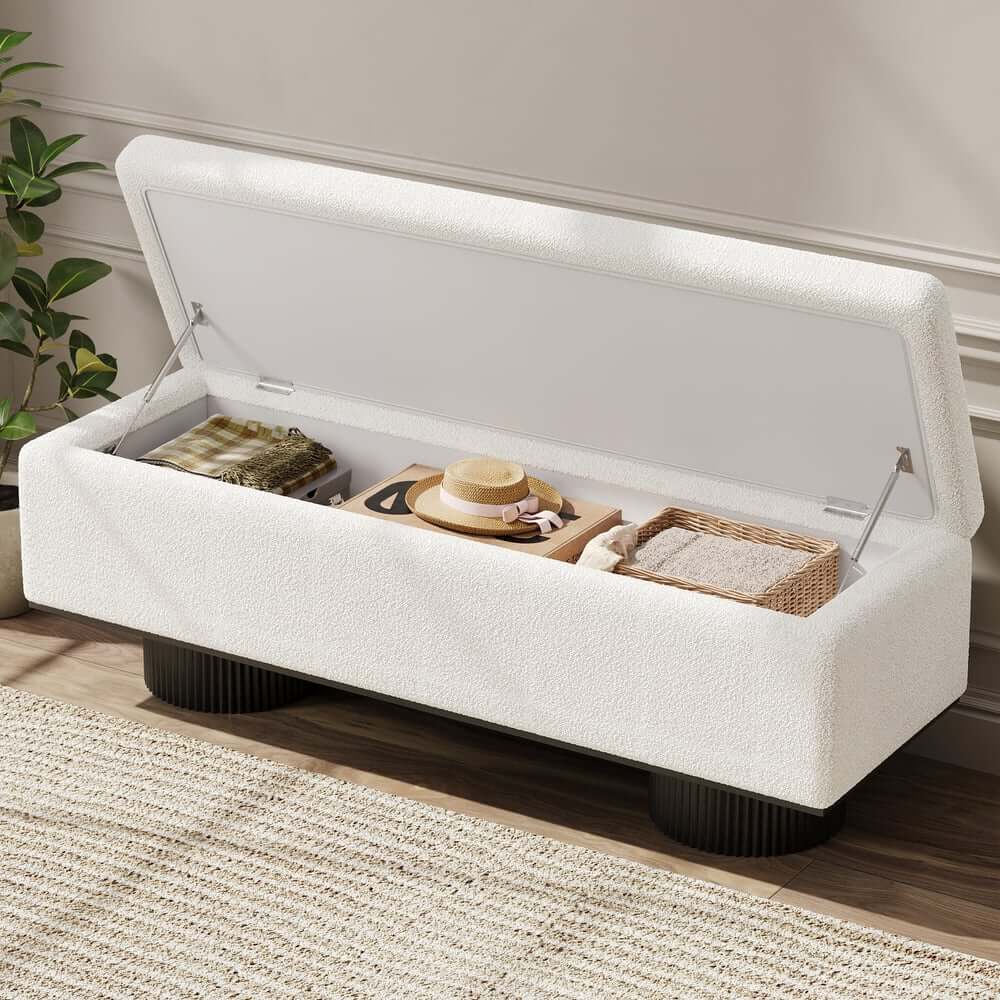 Modern Natural Boucle Storage Bench for Entryway or Living Room
