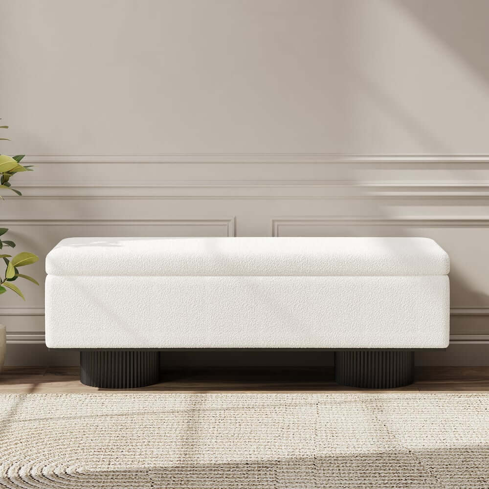 Modern Natural Boucle Storage Bench for Entryway or Living Room