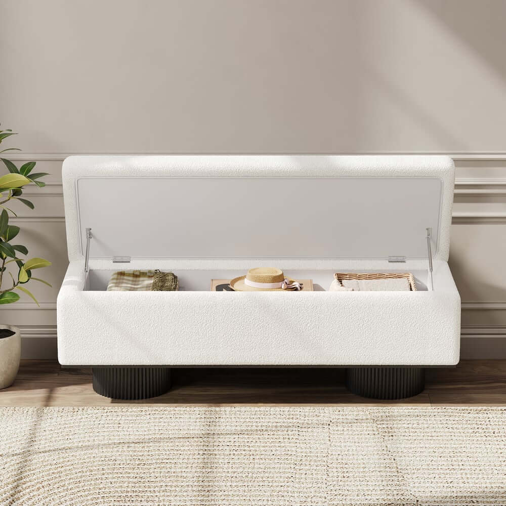 Modern Natural Boucle Storage Bench for Entryway or Living Room