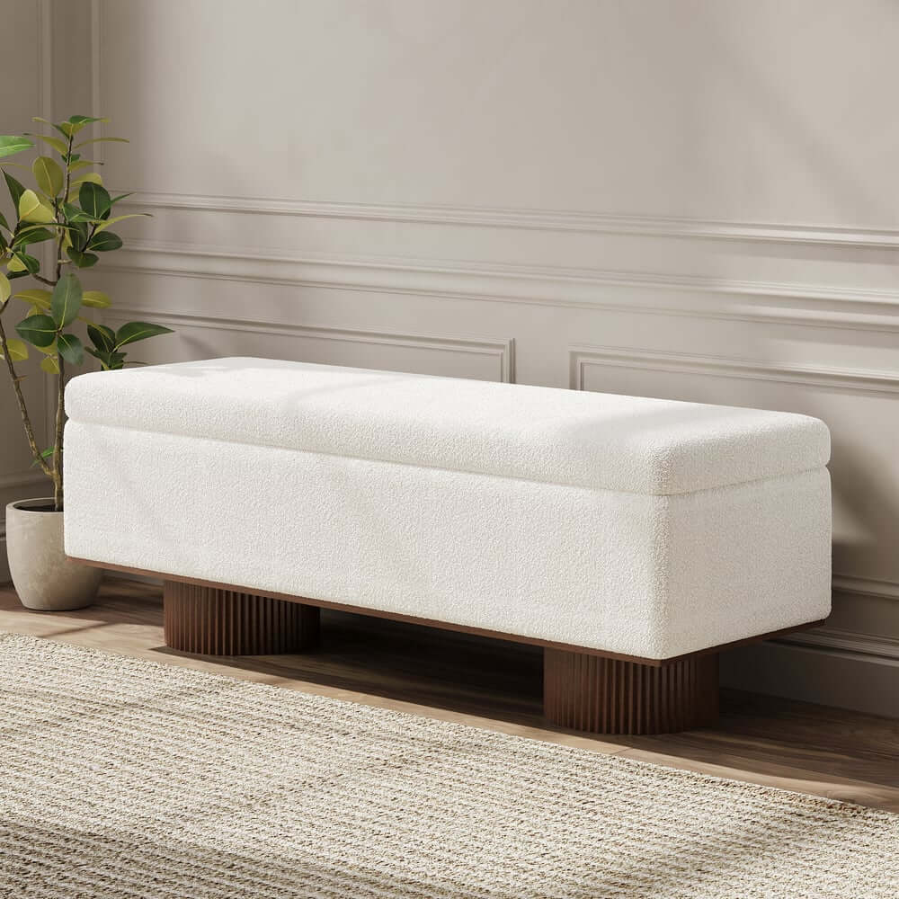 Modern Natural Boucle Storage Bench for Entryway or Living Room