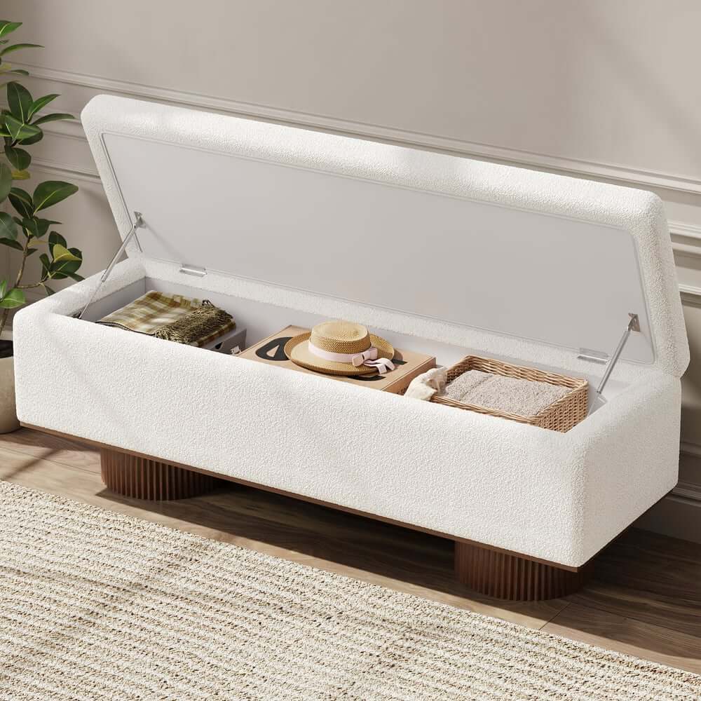 Modern Natural Boucle Storage Bench for Entryway or Living Room