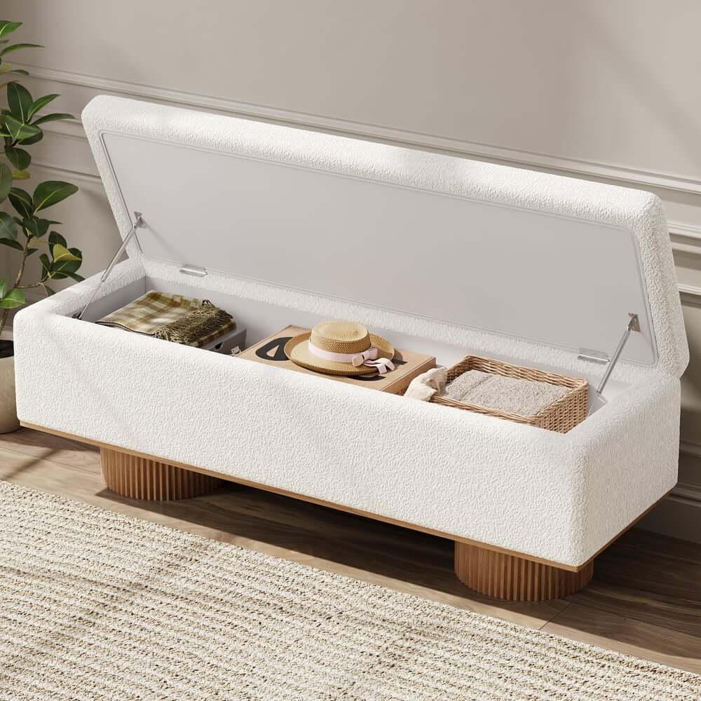 Modern Natural Boucle Storage Bench for Entryway or Living Room