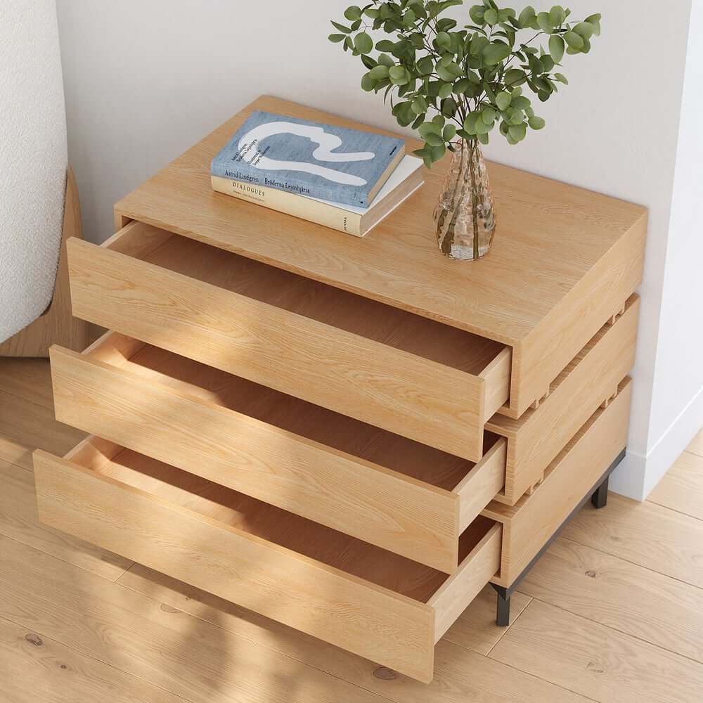 Modern Natural Wood Nightstand With Soft-Close Drawers