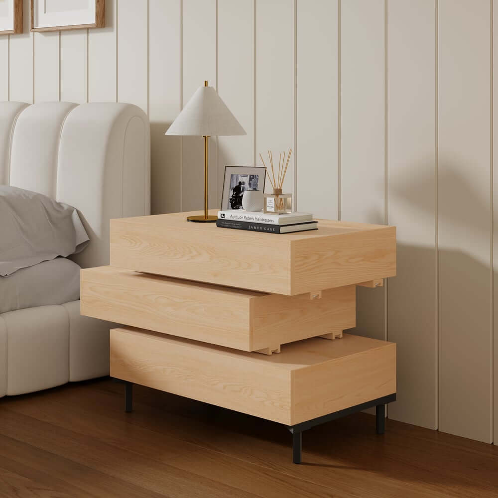 Modern Natural Wood Nightstand With Soft-Close Drawers