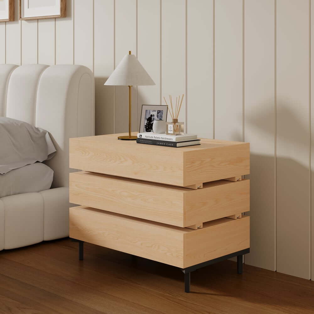 Modern Natural Wood Nightstand With Soft-Close Drawers