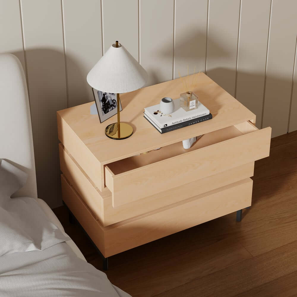 Modern Natural Wood Nightstand With Soft-Close Drawers