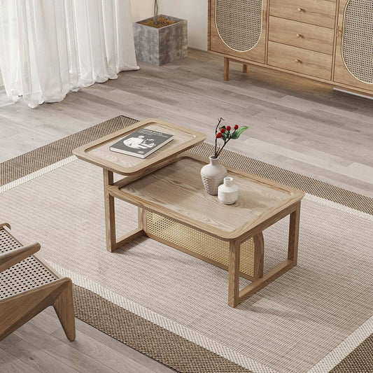 Modern Natural Wood & Rattan Nesting Coffee Table Set