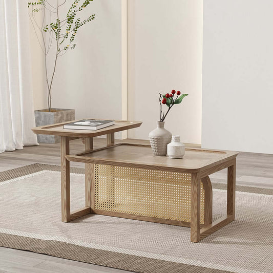 Modern Natural Wood & Rattan Nesting Coffee Table Set Main Product Image