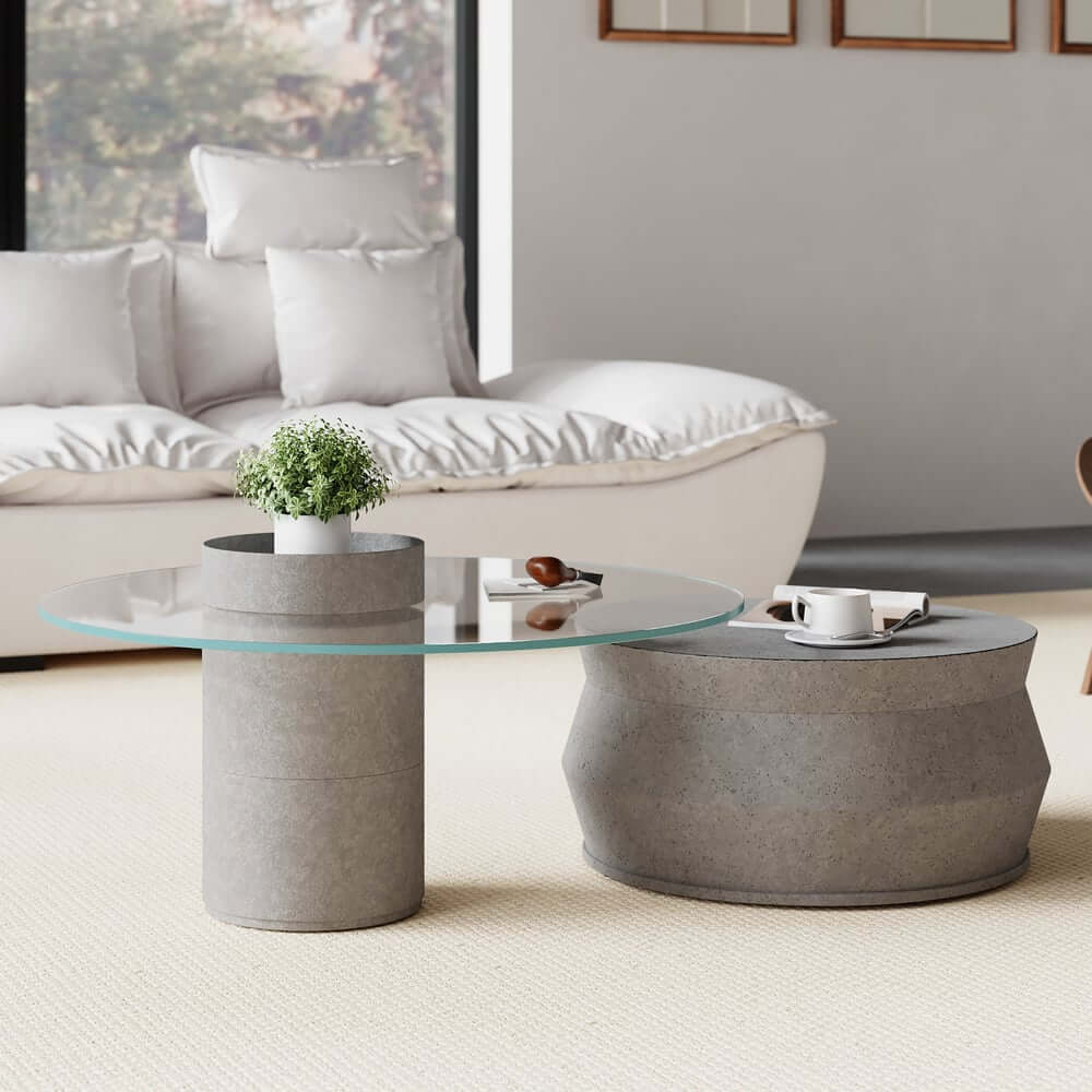 Modern Nesting Coffee Table Set, Concrete Glass Drum Design