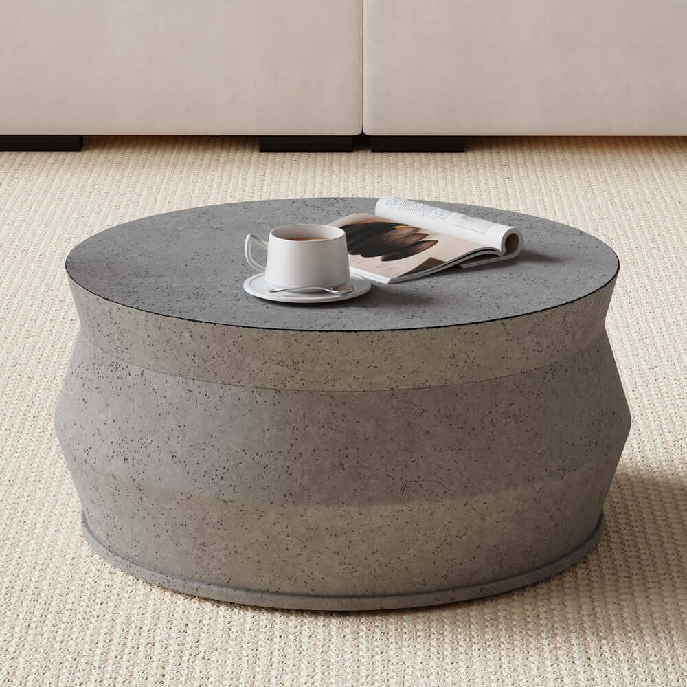 Modern Nesting Coffee Table Set, Concrete Glass Drum Design