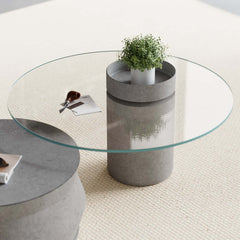 Modern Nesting Coffee Table Set, Concrete Glass Drum Design