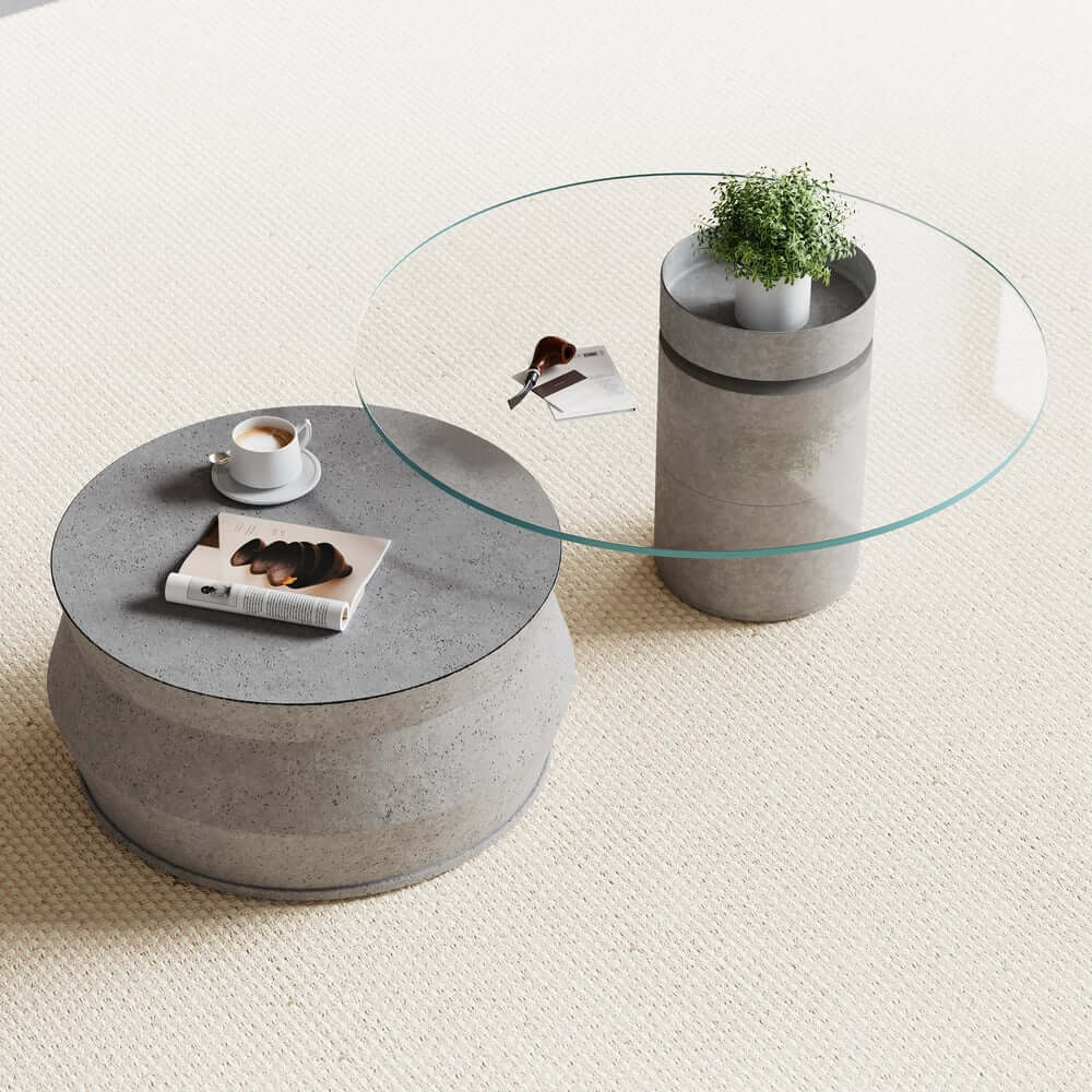 Modern Nesting Coffee Table Set, Concrete Glass Drum Design