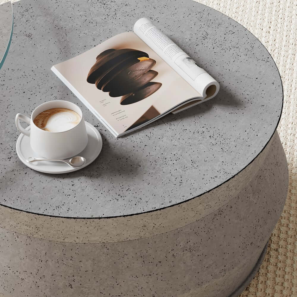 Modern Nesting Coffee Table Set, Concrete Glass Drum Design