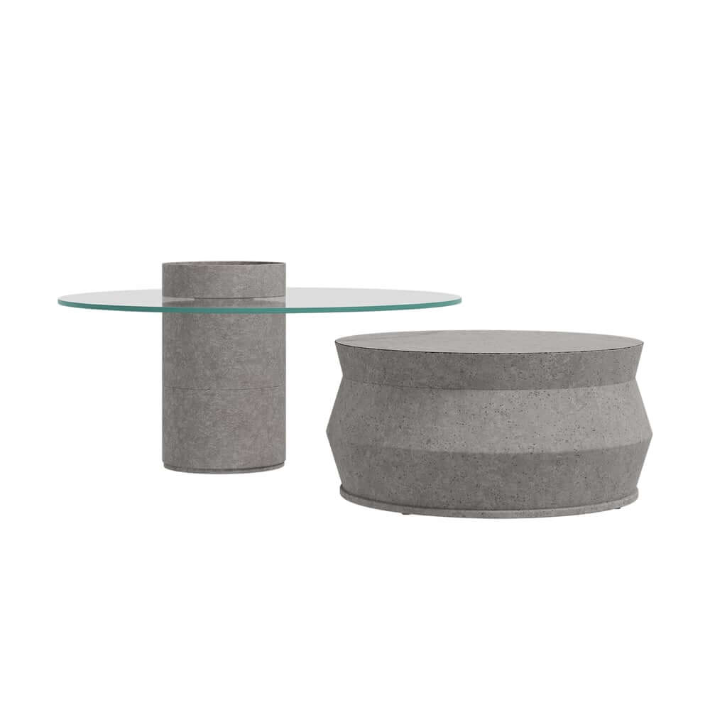 Modern Nesting Coffee Table Set, Concrete Glass Drum Design