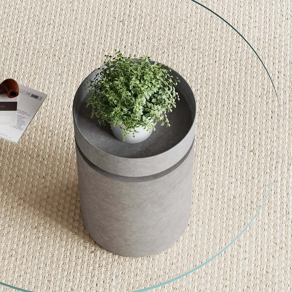 Modern Nesting Coffee Table Set, Concrete Glass Drum Design
