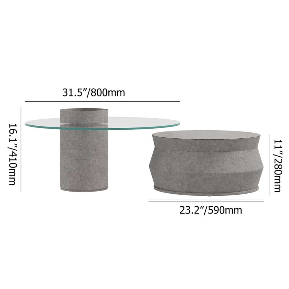 Modern Nesting Coffee Table Set, Concrete Glass Drum Design Dimensions