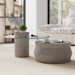 Modern Nesting Coffee Table Set, Concrete Glass Drum Design Main Product Image