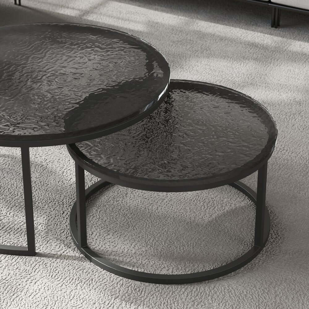 Modern Nesting Coffee Table Set With Water-Ripple Glass