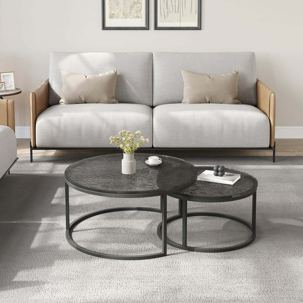 Modern Nesting Coffee Table Set With Water-Ripple Glass