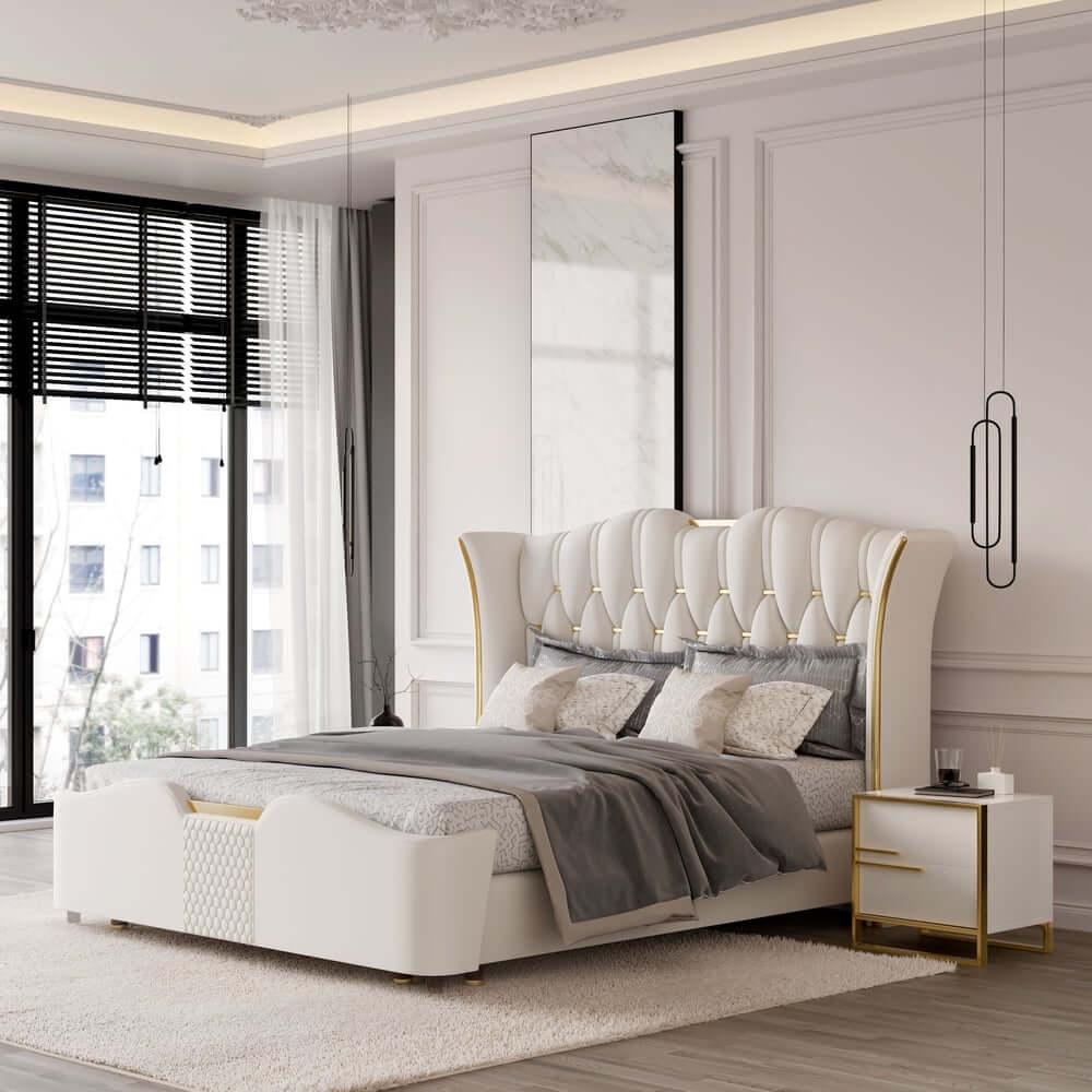 Modern Off-White Bedroom Set with Gold Accents and Storage