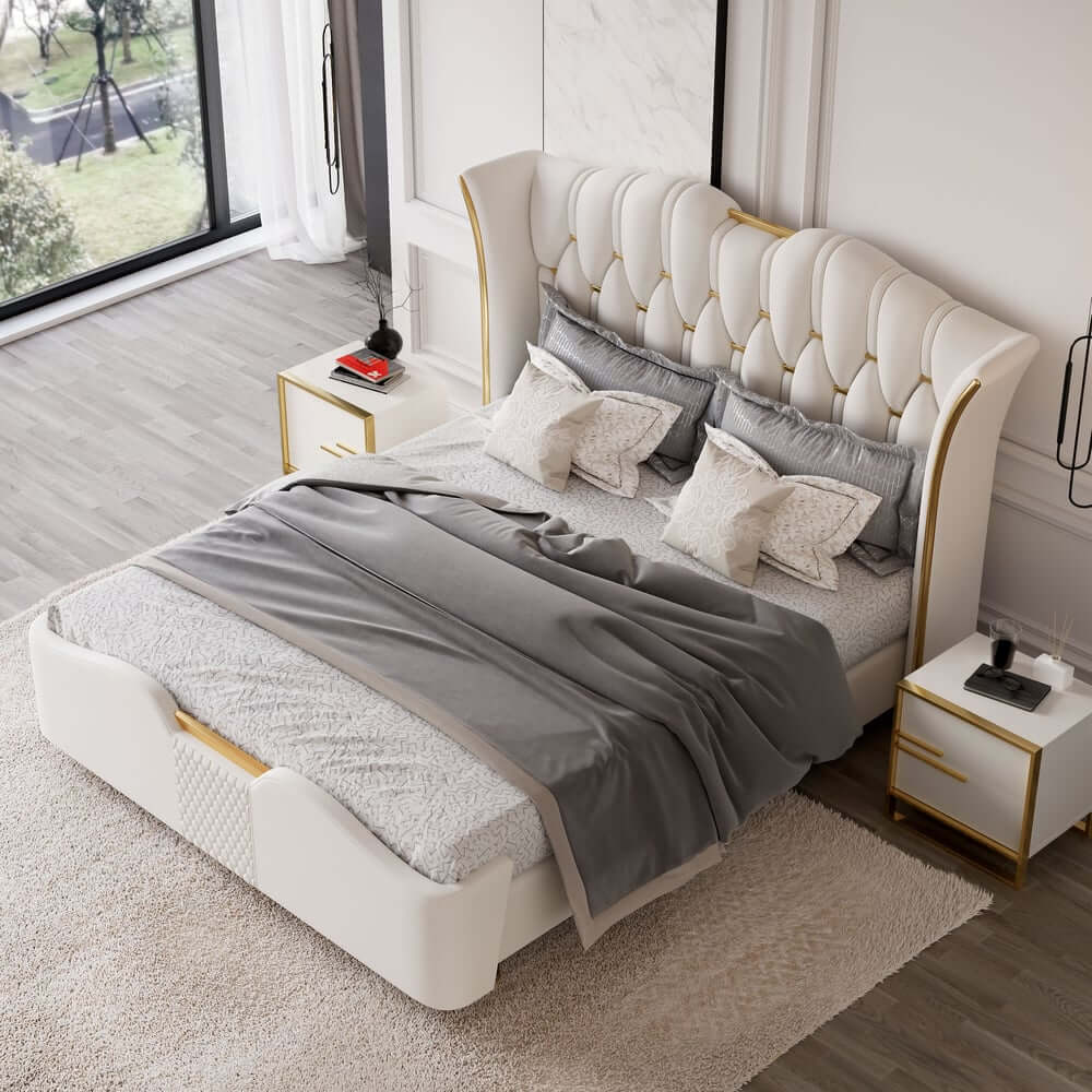 Modern Off-White Bedroom Set with Gold Accents and Storage