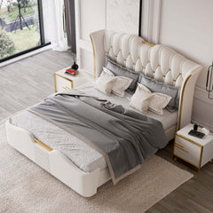Modern Off-White Bedroom Set with Gold Accents and Storage