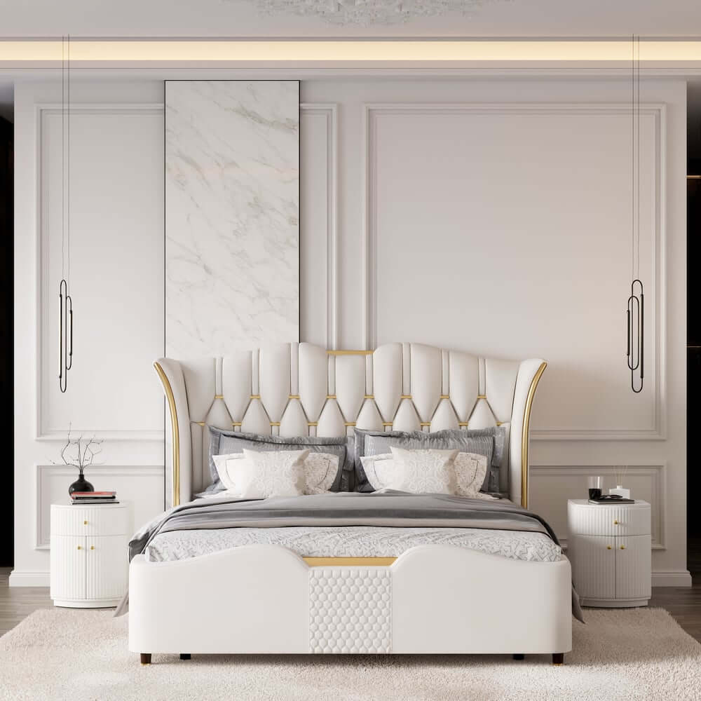 Modern Off-White Bedroom Set with Gold Accents and Storage