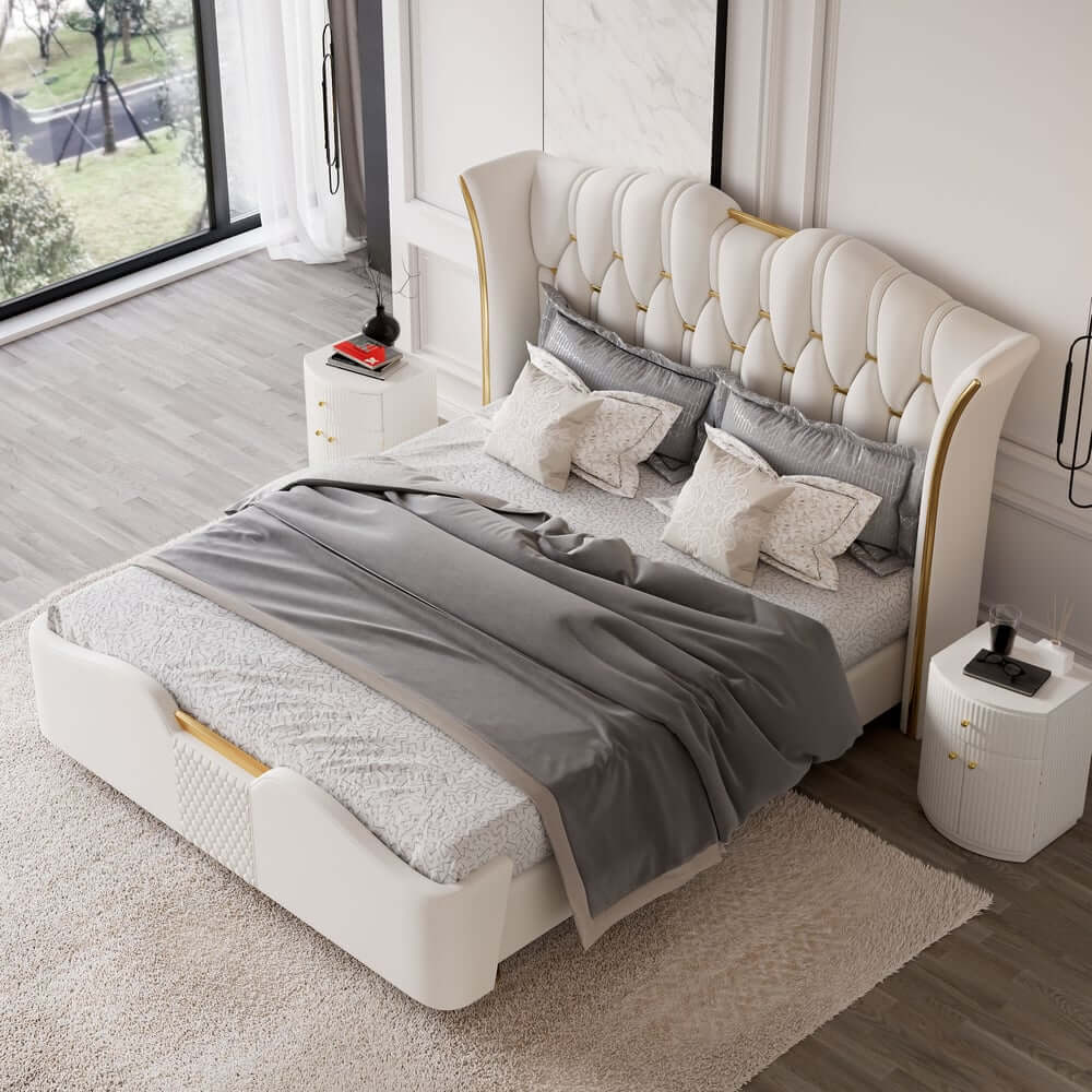 Modern Off-White Bedroom Set with Gold Accents and Storage