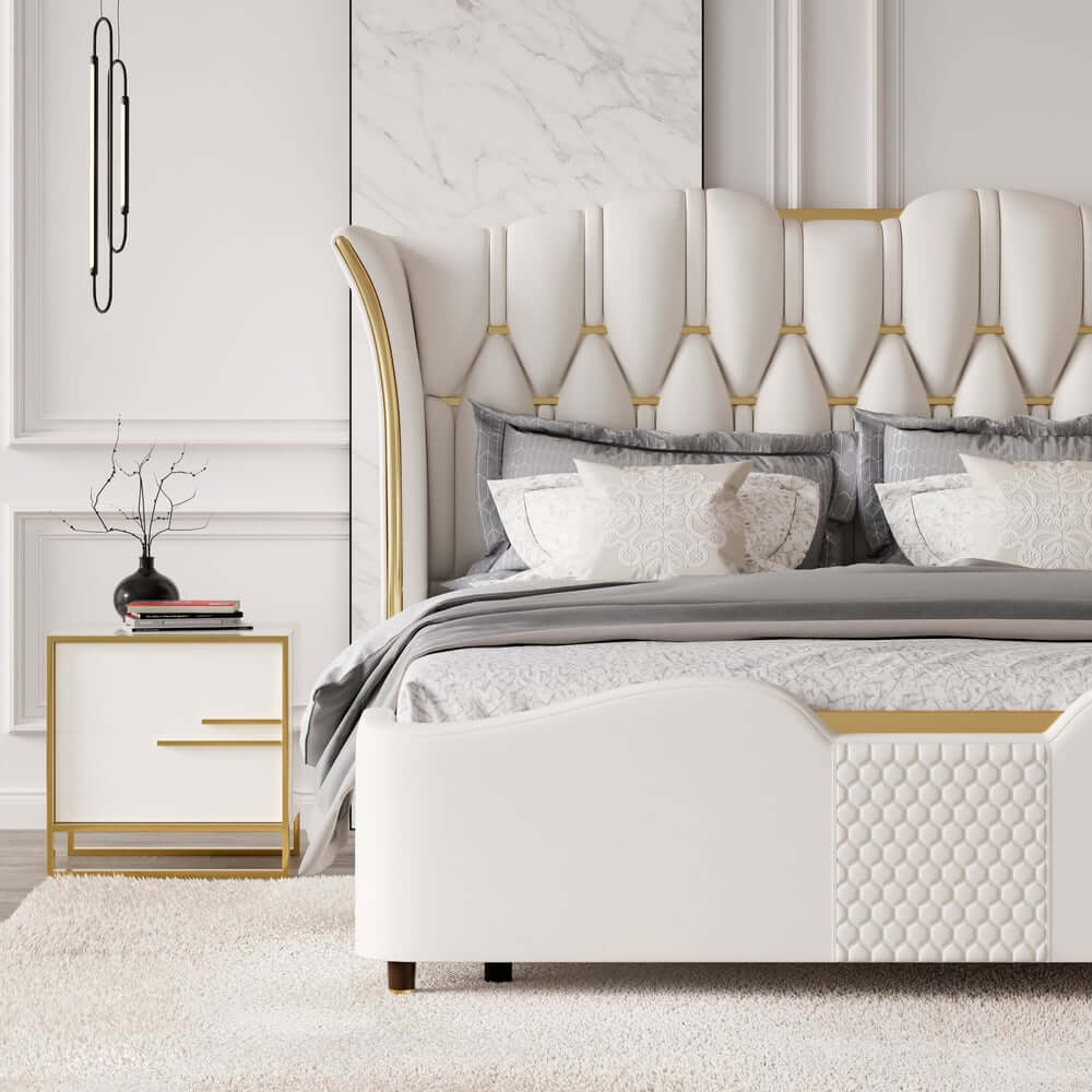 Modern Off-White Bedroom Set with Gold Accents and Storage